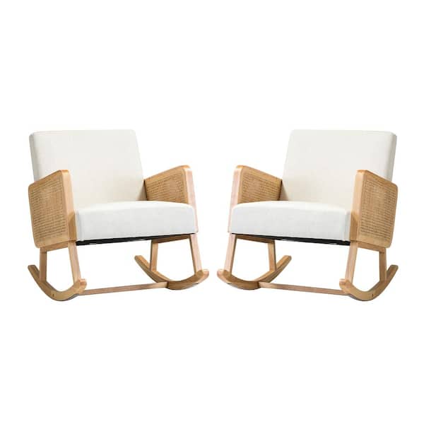JAYDEN CREATION Williams Linen Rocking Chair with Rattan Arms (Set of 2)