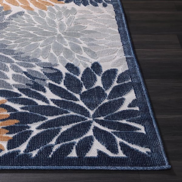 CAMILSON Blossom Indoor Outdoor Rug Floral Exotic Tropical Non-Shedding Rug Navy Blue 7'10 x 10