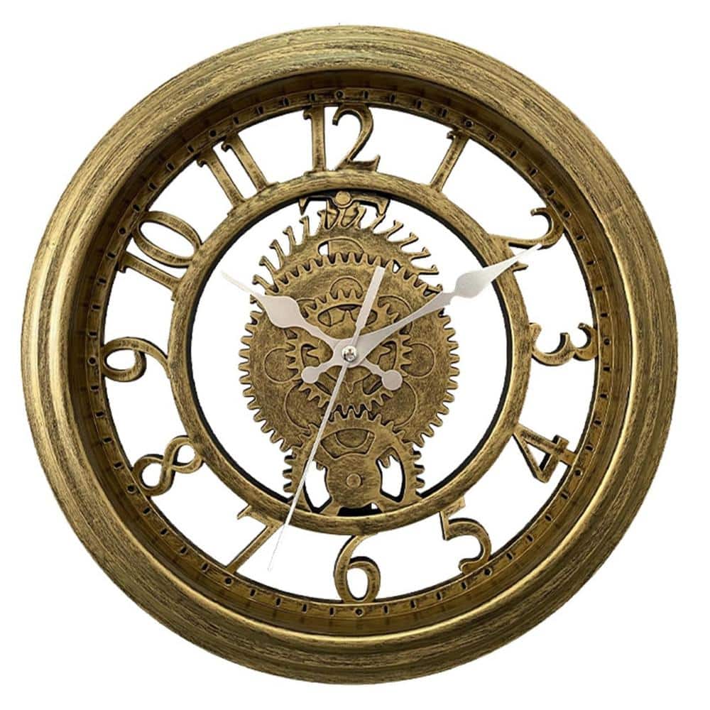 11 in. Vintage Gold Analog Farmhouse Gear Round Decorative Wall Clock, Sile