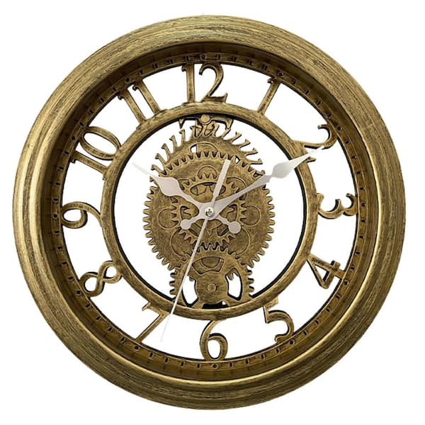 Unbranded 11 in. Vintage Gold Analog Farmhouse Gear Round Decorative Wall Clock, Silent Non-Ticking Battery Operated