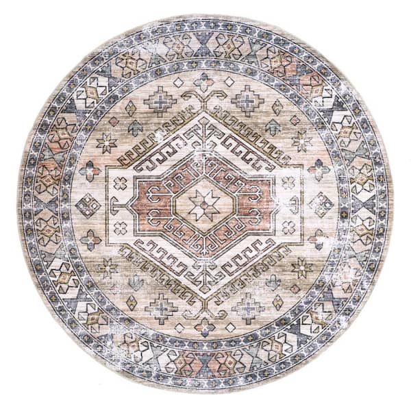 nuLOOM Mae Machine Washable Peach 8 ft. x 8 ft. Tribal Motif Indoor Round Area Rug