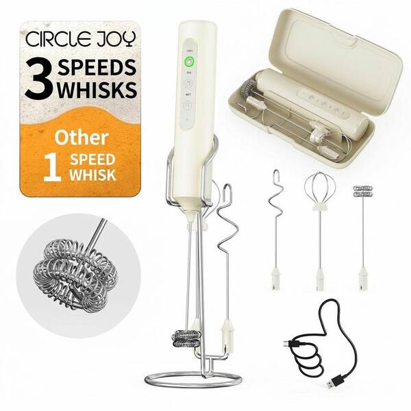 Stainless Steel Handheld Milk Frother Wand Electric Drink Mixer 3-Speed Settings 3 Whisks with Stand and Box, Beige