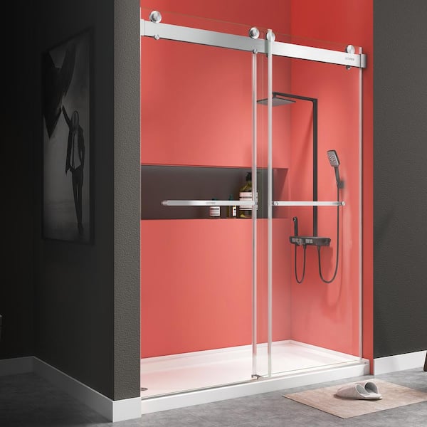 Getpro 60 in. W x 76 in. H Double Sliding Frameless Shower Door in Brushed Nickel Finish with Buffer