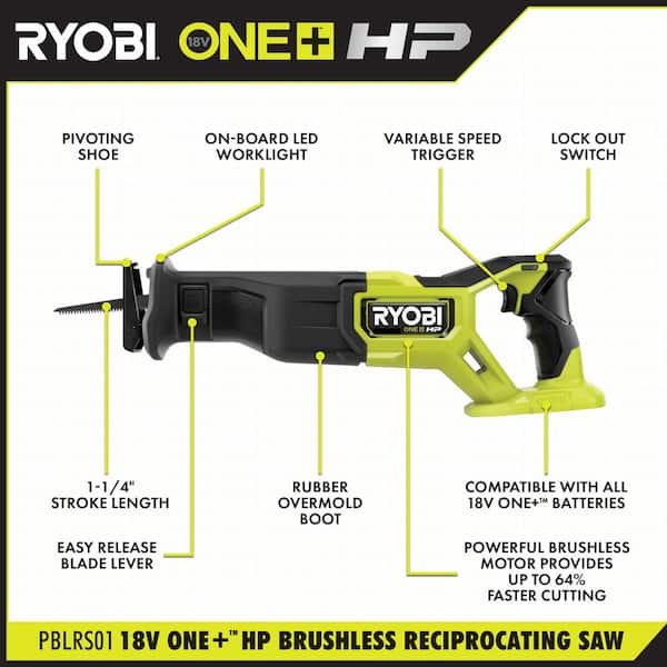 Details about   RYOBI Cordless Reciprocating Saw 18-Volt Battery Brushless Blade Variable Speed 