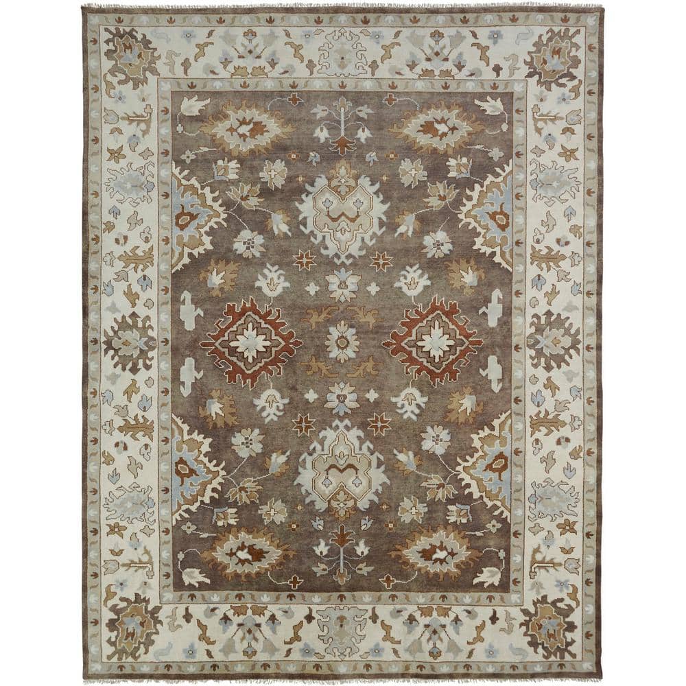 Hand-Knotted Ivory and Brown Wool 9' x 12' Area Rug