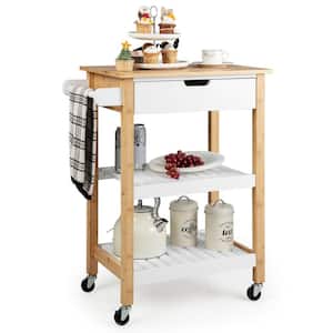 3-Tier Natural Kitchen Cart Island Rolling Service Trolley with Bamboo Top Shelves
