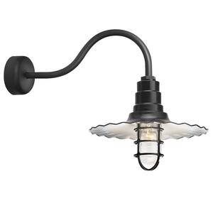 Radial Wave 18 in. Shade 23 in. Arm 1-Light Black Clear Glass Lens Outdoor Wall Mount Sconce