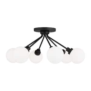 Donovan 24 in. 6-Light Contemporary Dimmable Midnight Black Semi-Flush Mount Ceiling Light with Glass Shades