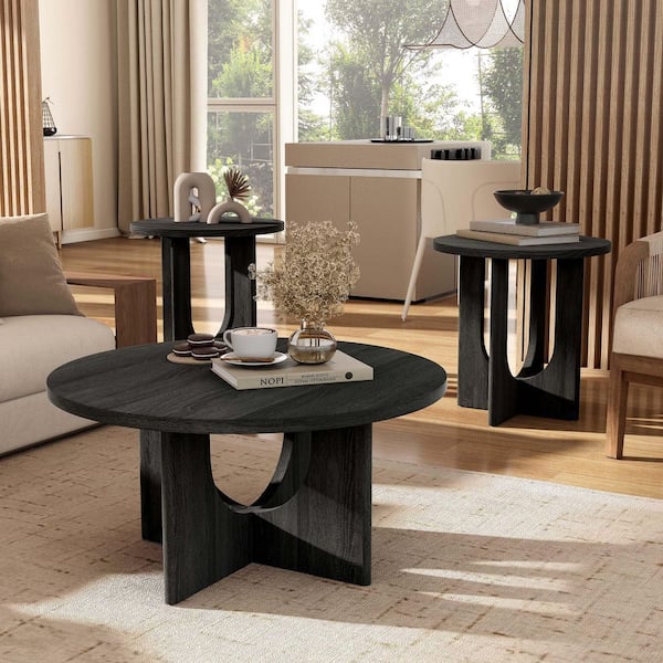Furniture of America Calsen 3-Piece 36 in. Gray Round Wood Top Coffee Table Set with Cross-Arch Base