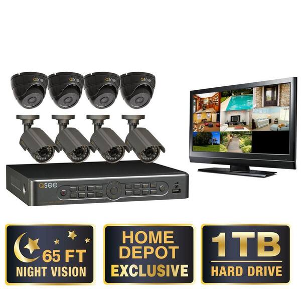Q-SEE 8-CH 1 TB D1 Surveillance System with (4) 600 TVL Dome & 450 TVL Bullet Cams, 21.5 in. Monitor Included