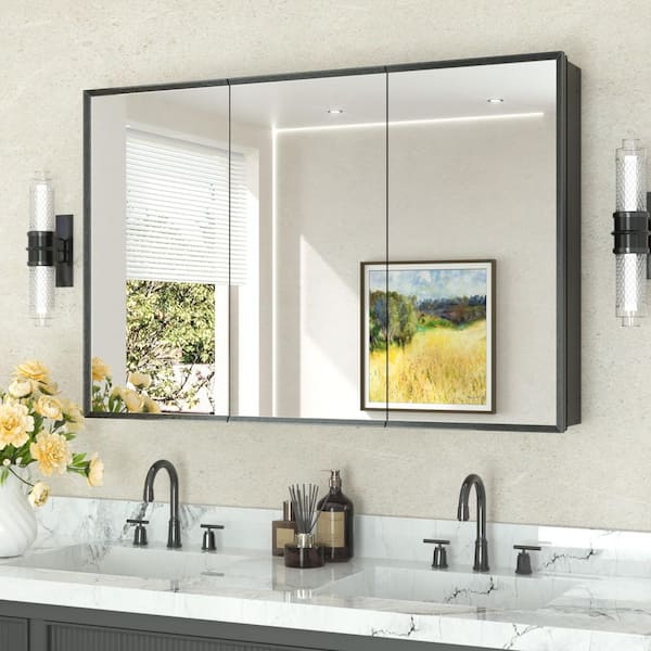 48 in. W x 32 in. H Rectangular Aluminum Medicine Cabinet with Mirror in Black