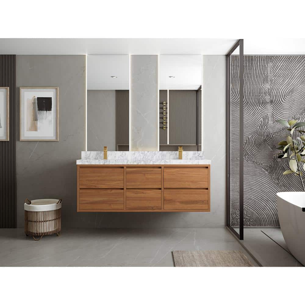Madison 60'' Dark Natural Teak Double Wall-Mount Vanity with Carrara Marble Top