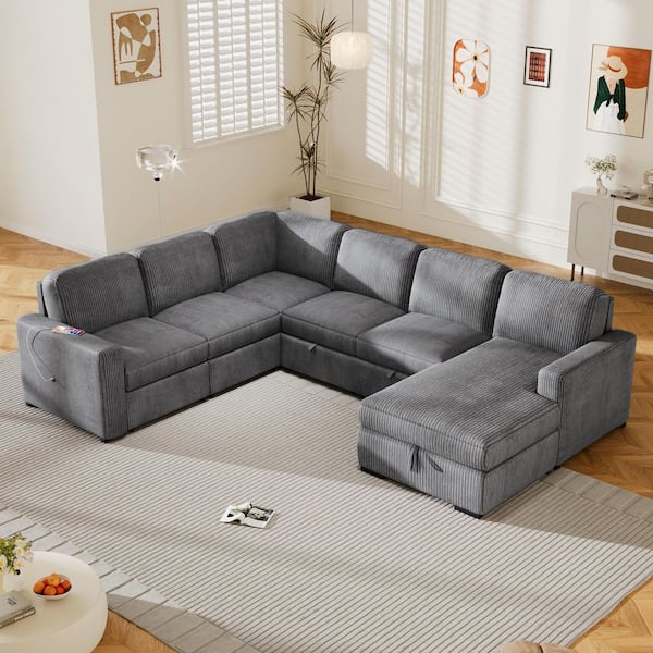 aisword 115.6 in. U-shaped Corduroy 6-Seater Sectional Sofa Bed in. Gray with Pull-out Sofa, USB Interfaces