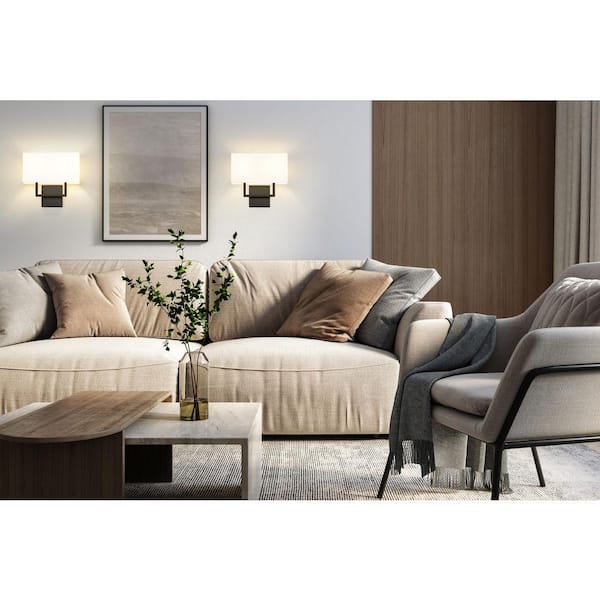 Unbranded - Saxon 12 inch Matte Black 2 Light Wall Sconce with White Fabric Shade