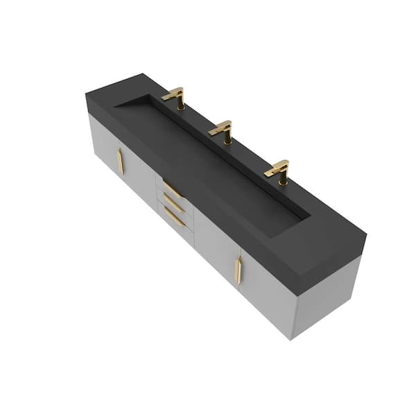 castellousa Nile 84 in. W x 18.9 in. D x 20.38 in. H Single Sink Bath Vanity in Gray in Gold Trim with Solid Surface Black Top
