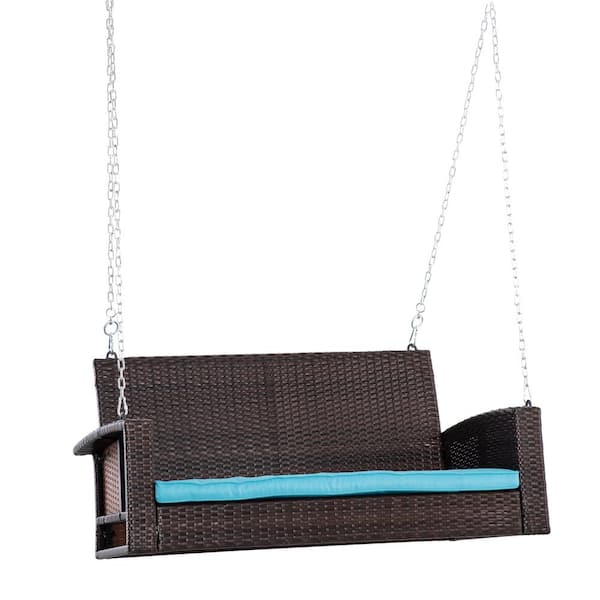 Outsunny 2-Person Mix Brown Wicker Porch Swing with Sky Blue Cushions