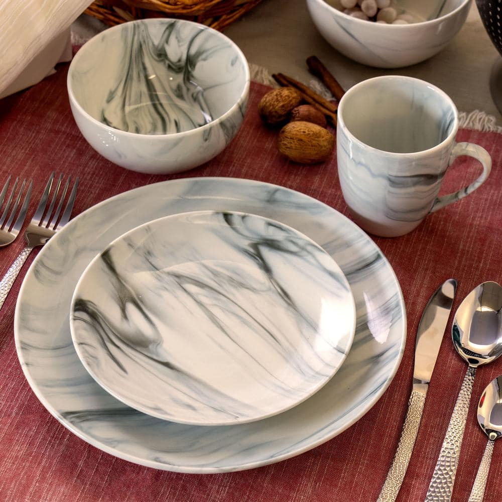16-Piece Black and White Marble Ceramic Dinnerware Set