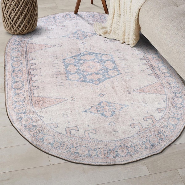 Vintage Bohemian Machine Washable Non Slip Beige 5 ft. x 7 ft. OVAL Area Rug