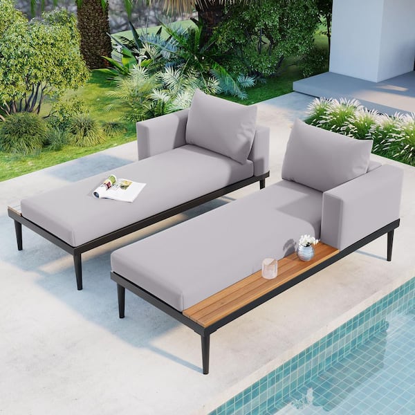 Zeus & Ruta Gray Metal Outdoor Chaise Lounge with Gray Cushions Wood Topped Side Spaces for Poolside, Balcony, Deck