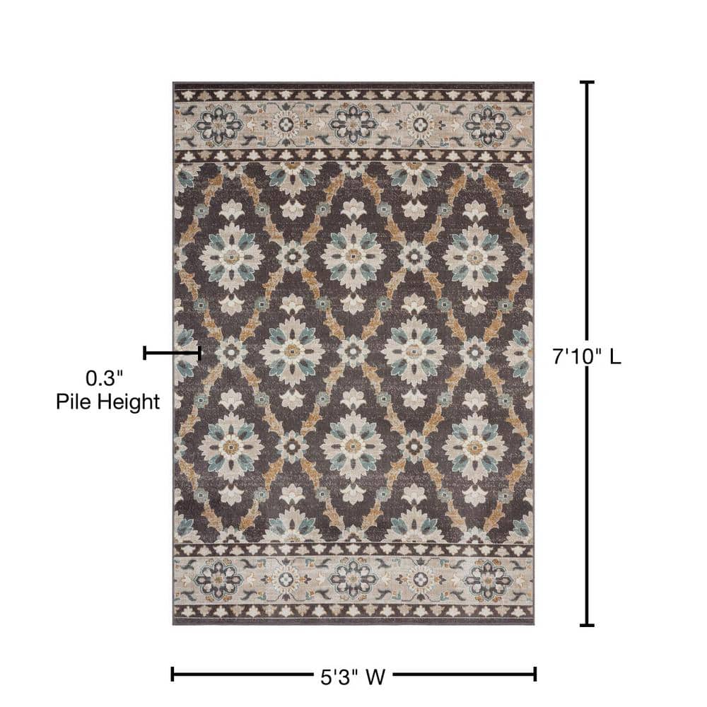 Reversible Rectangular Blue Floral Easy-Care Synthetic Area Rug