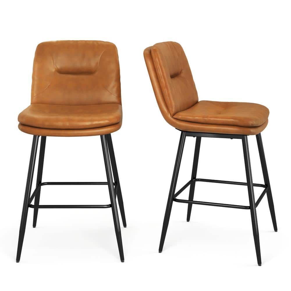 Whiskey Brown Faux Leather Counter Stools with Metal Legs, Set of 4