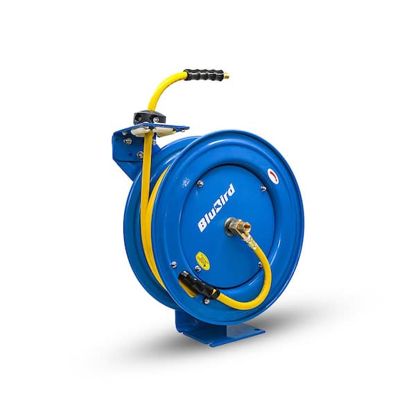 3/8 in x 50 ft Heavy Duty Rubber Air Hose and Single Arm Powder-Coated Steel Hose Reel