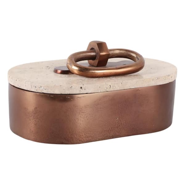 Ivory/Bronze 8.35 in. x 4 in. Travertine and Antique Brass Oval Box with Lid