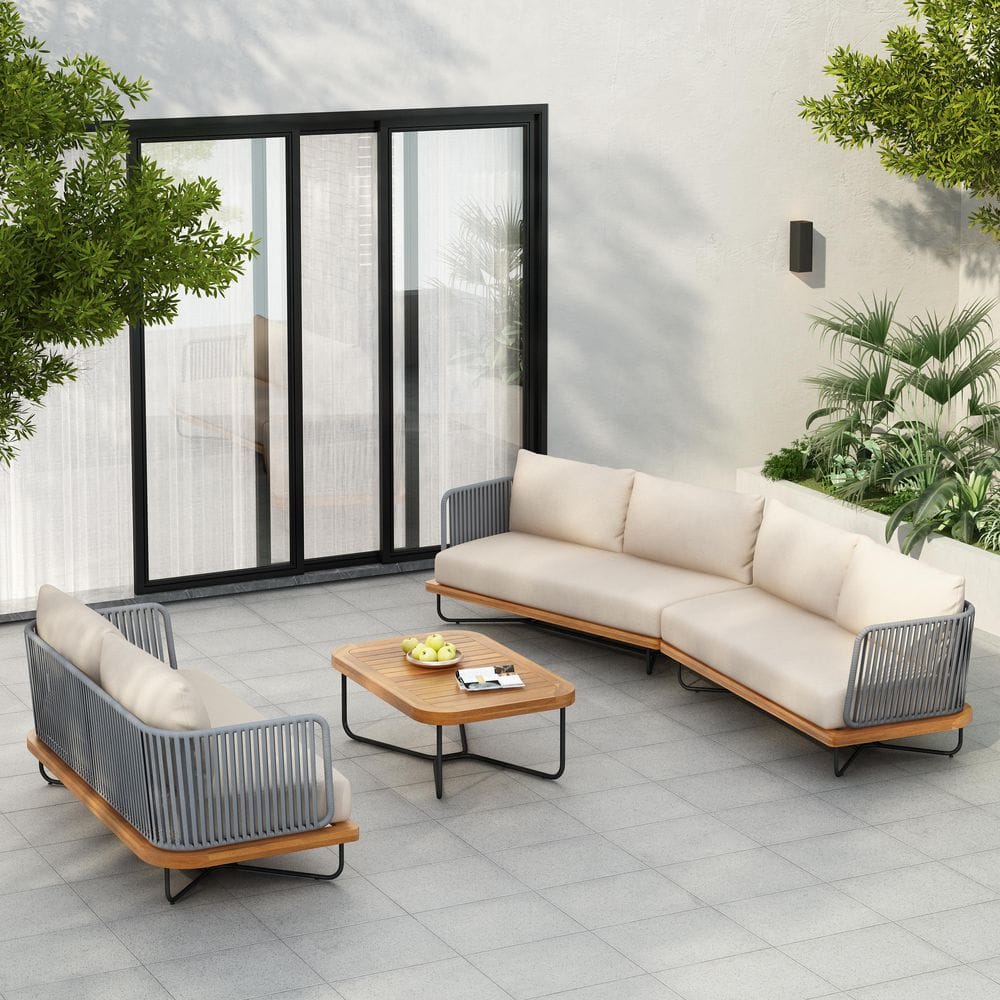 Cali 4-Piece Solid Wood and Rope Weave Outdoor Patio Conversation Set with Beige Cushions, Teak Finish + Grey price history on PriceWatchPro