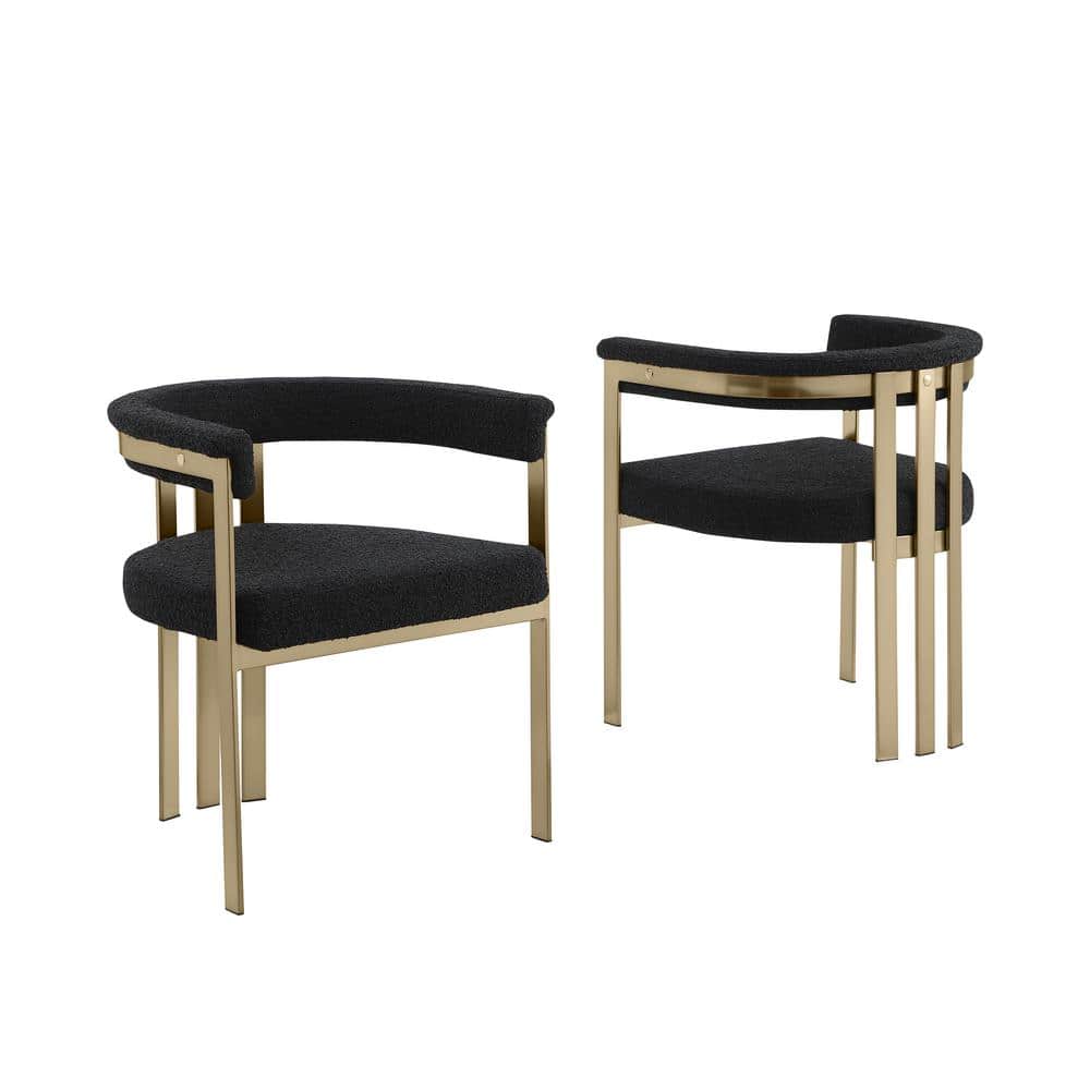 Black Boucle Upholstered Side Chairs with Gold Iron Frame, Set of 2