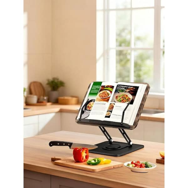 360° Rotating Adjustable Book Stand, Foldable Hands-Free Reading and Recipe Holder with Page Clips, Fits All Books