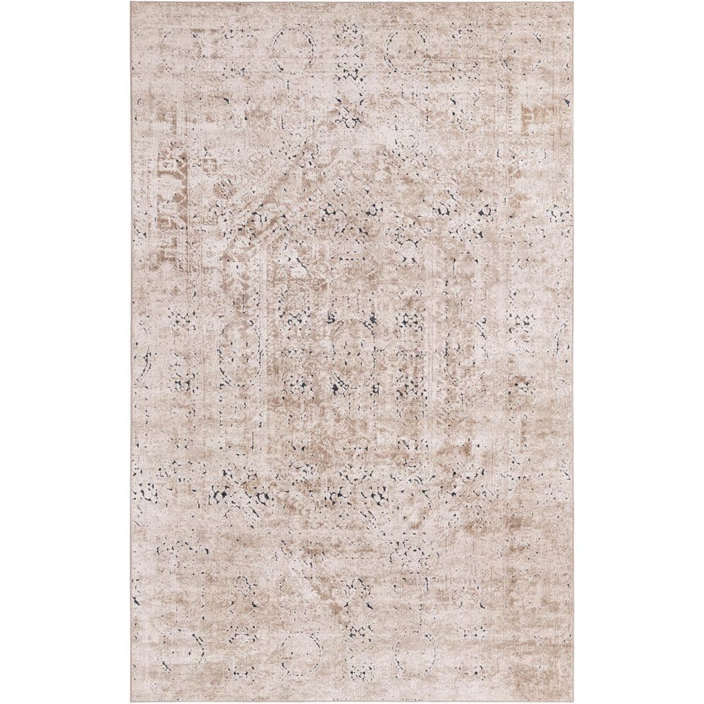 Beige Medallion Easy-Care Rectangular Synthetic Rug 5'1" x 8'