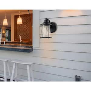 1-Light Black Hardwired Outdoor Wall Lantern Sconce and Seeded Glass Shade