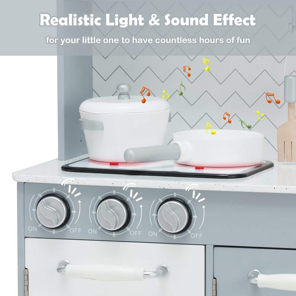 Gray and White Wooden Kids Play Kitchen Set with Light & Sound