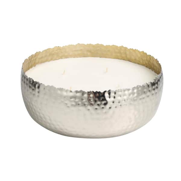 CosmoLiving by Cosmopolitan Silver White Sage Scented Wide Hammered 90 oz 4 Wick Candle with White Wax