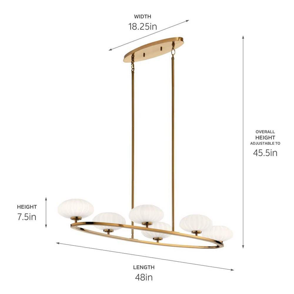 Mid-Century Modern Fox Gold 6-Light Oval Chandelier with Satin Etched Glass