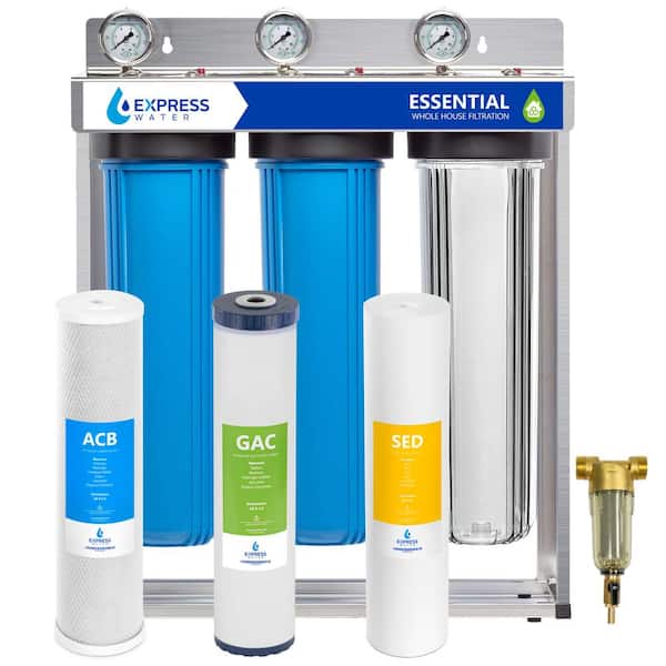 3 Stage Whole House Water Filtration System - SED, GAC, Carbon - with Pre Filter, Stainless Steel Frame, Pressure Gauges