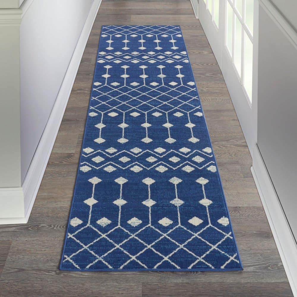 Navy and Ivory Geometric Synthetic Runner Rug