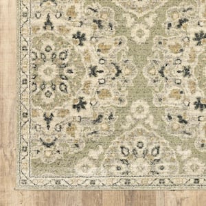 Green Ivory Grey and Tan 2 ft. x 8 ft. Floral Power Loom Stain Resistant Runner Rug