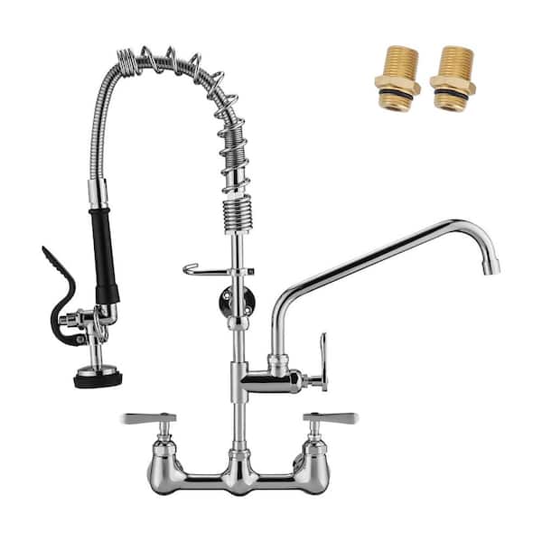Commercial Triple Handles Wall Mount Standard Kitchen Faucet with Pre-Rinse Sprayer in Chrome