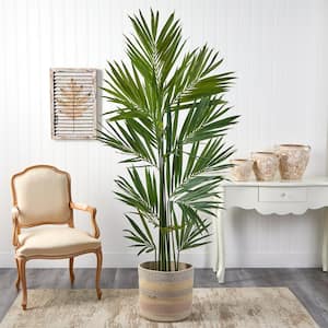 7 ft. Green Kentia Artificial Palm in Handmade Natural Cotton Multicolored Woven Planter