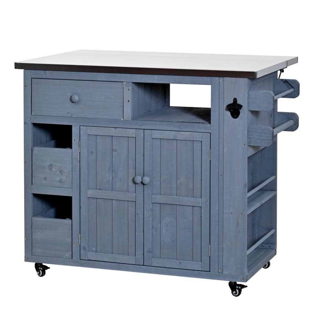 Outdoor Solid Wood Extendable 19.3''/28'' Kitchen Island, Stainless Steel Top Grill Table with Side Spice Rack, Kitchen price history on PriceWatchPro