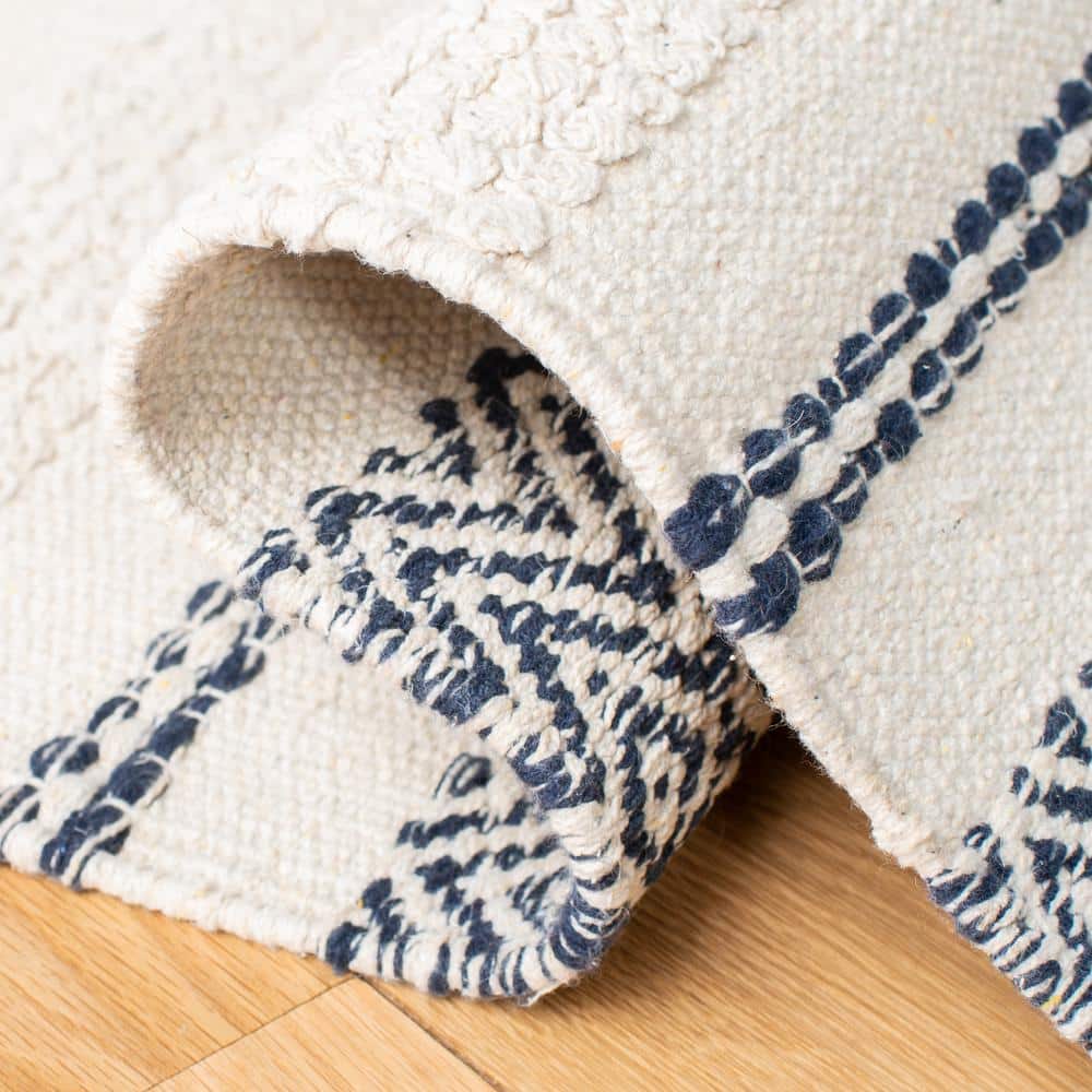 Ivory and Navy Striped Wool Flat Woven Area Rug, 9' x 12'