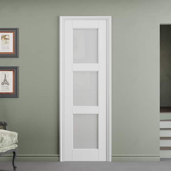 24 in. x 80 in. 3-Lite Tempered Frosted Glass and Solid Core Manufacture Wood White Primed Interior Door Slab