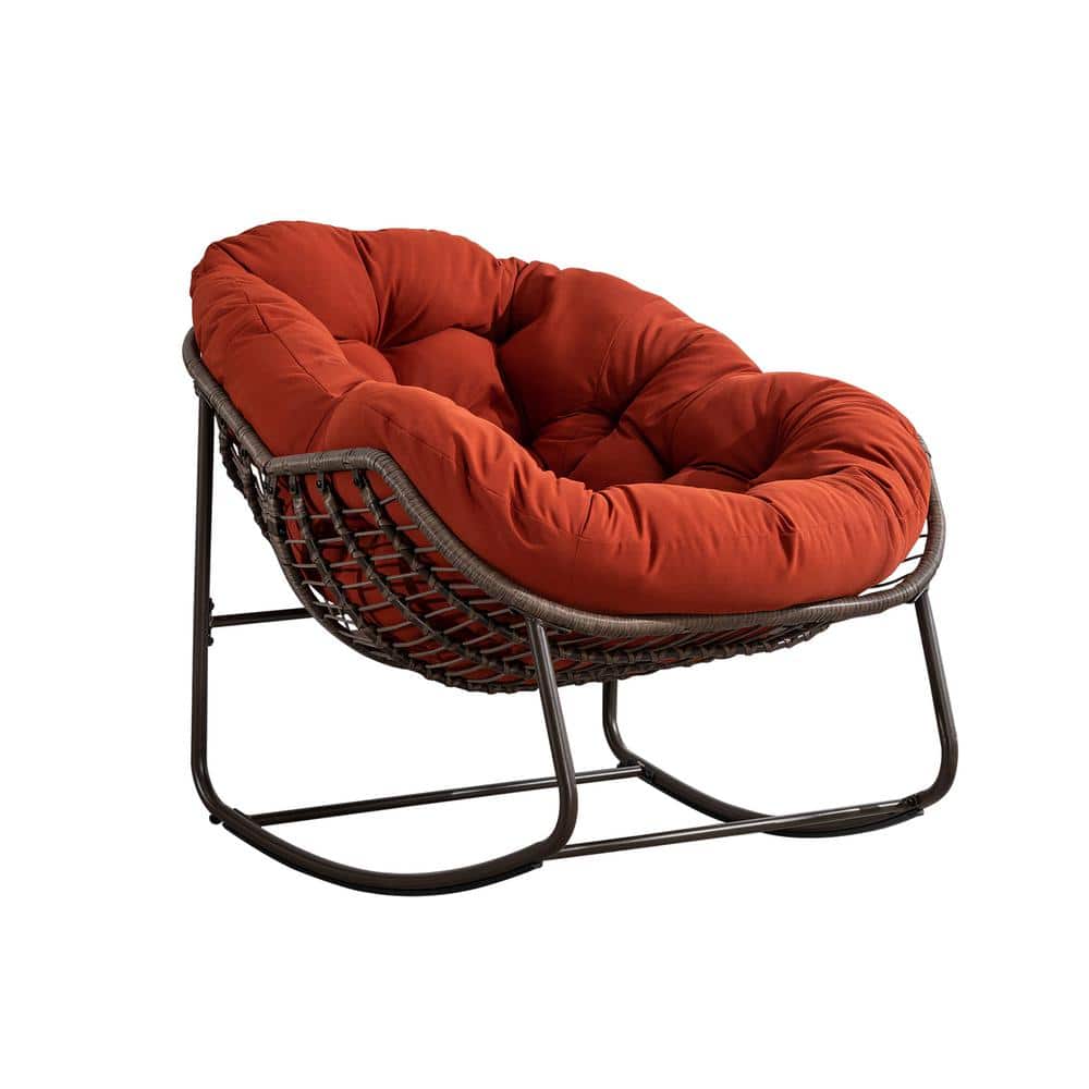 Wicker Indoor and Outdoor Rocking Chair with Orange Cushion for Front Porch