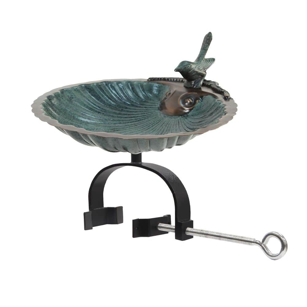 ACHLA DESIGNS 14.25 in. L Round Antique Brass Plated Aluminum Scallop Shell Birdbath w/ Wrought Iron Over Rail Bracket