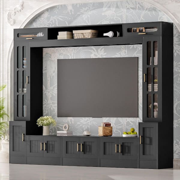 Black Wall Unit Entertainment Center Fits TV's up to 80 in. with Bookshelves, Glass Doors and Adjustable Shelves