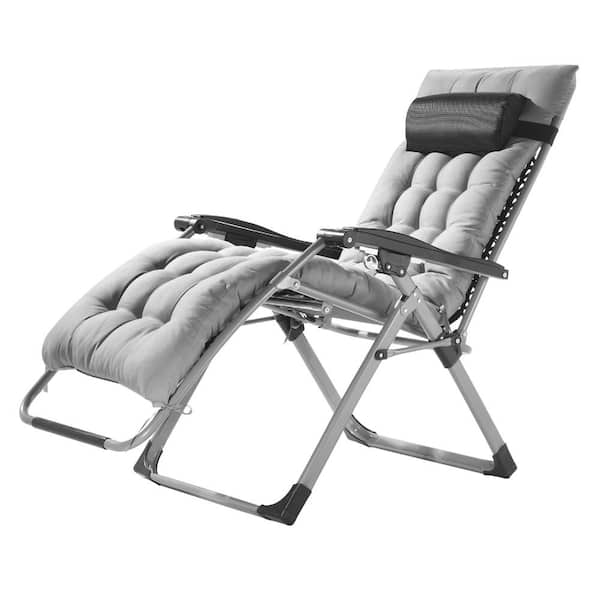 Adjustable Zero Gravity Lounge Chair, Foldable Chaise Lounge with Gray Cushion, Headrest, Footrest, Cup Holder