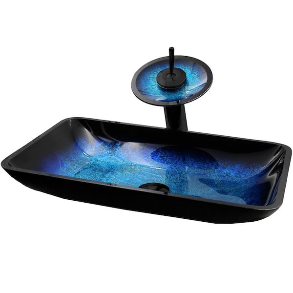 Novatto FRESCA Hand Painted Blue Glass Rectangle Vessel Sink with Faucet and Drain in Matte Black