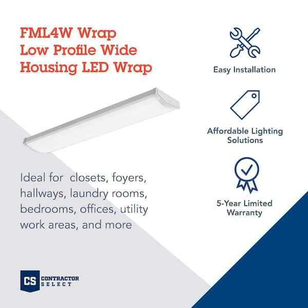 Contractor Select 4 ft. 5000 Lumens Integrated LED Dimmable White Wraparound Light Fixture, 4000K Contractor Select 4 ft. 5000 Lumens Integrated LED Dimmable White Wraparound Light Fixture, 4000K