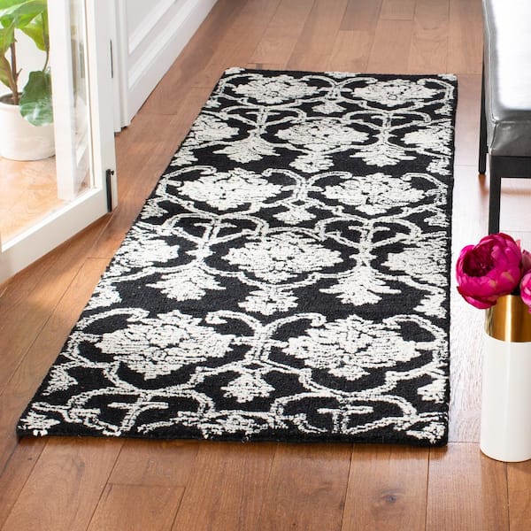 Metro Black/Ivory 2 ft. x 8 ft. Floral Damask Runner Rug